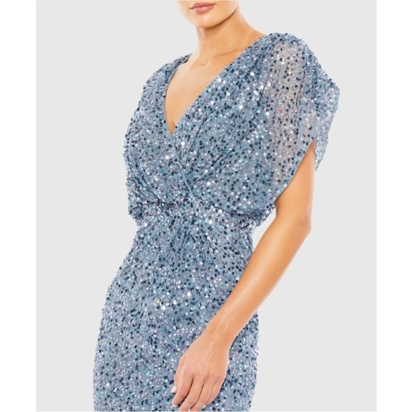 Mac Duggal Blue Draped Sleeve V-Neck Gown Slate Blue 5640 Size 10 NWT Sequins - Picture 2 of 3